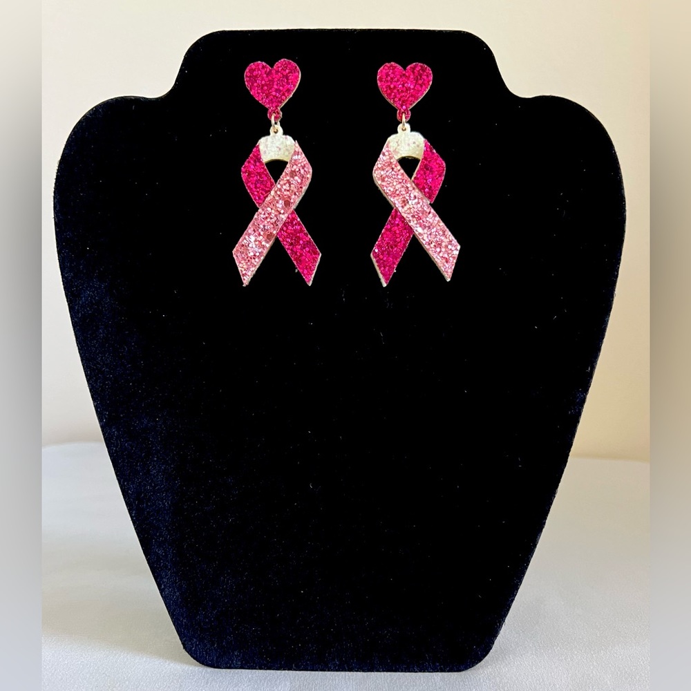 NEW Breast Cancer Awareness Ribbon & Heart PU Leather Post Back Dangle Earrings
